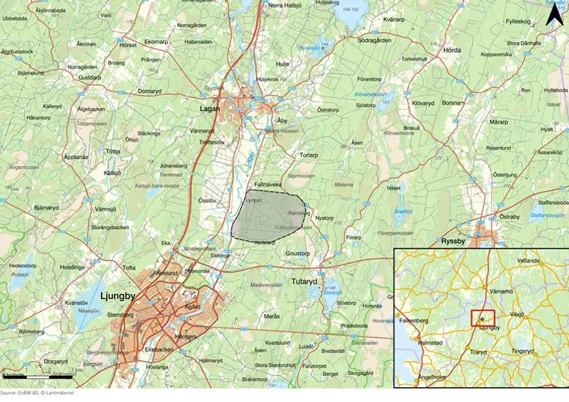 Karta över utredningsområdet beläget cirka tre kilometer nordost om Ljungby centralort i Ljungby kommun, Kronobergs län.
